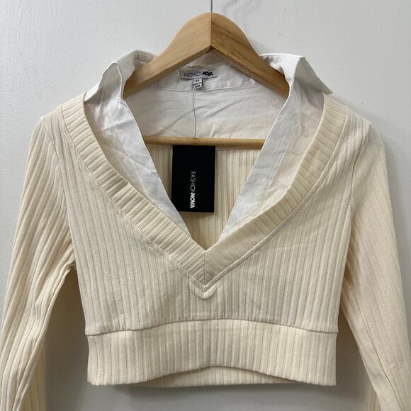 NWT Fashion Nova XS Crop Top Ribbed Sweater‎ Cream Combo Shirt Check Your Facts - Picture 4 of 9